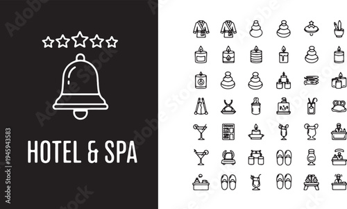 Hotel and spa icons set with bell symbol and five stars hotel services and amenities