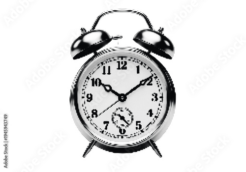 Classic monochrome alarm clock with hourglass dial pattern