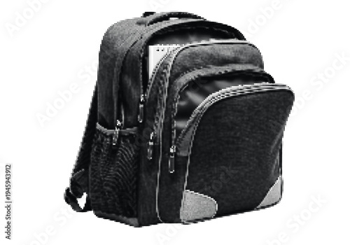 Dark textured leather backpack with multi- zone storage and gray accent patches