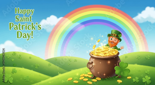 A vibrant Saint Patrick's Day illustration featuring a leprechaun, a pot of gold, and a rainbow over rolling green hills.