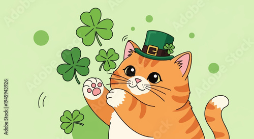 A cute orange tabby cat wearing a green leprechaun hat, surrounded by shamrocks, celebrating St. Patrick's Day.
