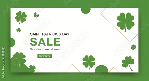Saint Patrick's Day Sale Banner with Clover Graphics and Geometric Shapes.