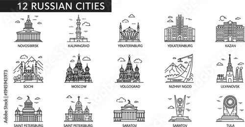 Line Art Illustrations of 12 Famous Russian Cities Including Moscow, St. Petersburg, and Kazan"