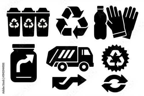 Brutalist Recycling Icons. Recycling & Reuse silhouette set: sorting bins, arrows symbol, plastic bottle, cleaning gloves, upcycled jar, waste truck, recycle badge, green arrows