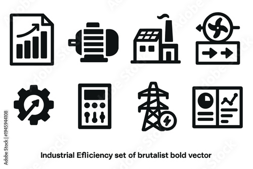 Industrial Efficiency Icons. Industrial Efficiency silhouette set: energy audit chart, efficient motor, factory with solar roof, heat recovery unit, efficiency gear, control panel,