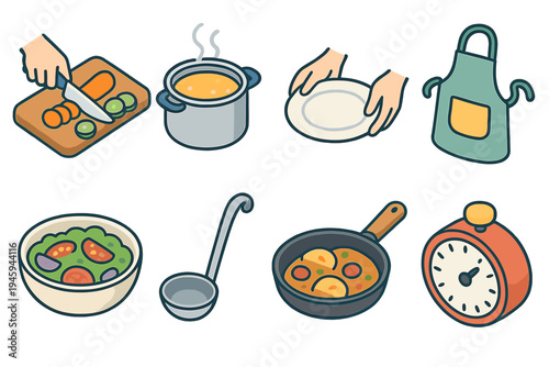 Family Dinner Icons. Family Dinner Prep flat icons cutting vegetables, boiling pot, serving plate, apron, salad bowl, soup ladle, pan with food, kitchen timer