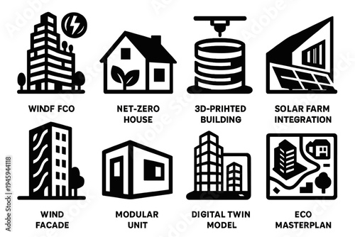 Eco Architecture Icons. Future Eco Architecture silhouette set: smart eco tower, net-zero house, 3D printed building, solar farm integration, wind facade, modular unit, digital