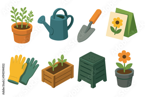 City Garden Essentials Icons. City Garden Essentials flat icons potted herbs, watering can, trowel, seed packets, garden gloves, planter box, compost bin, flower pot