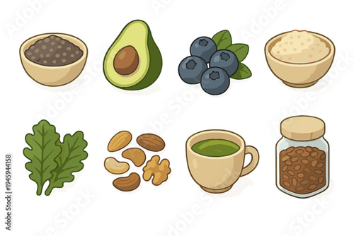 Superfood Icon Collection. Superfood Essentials flat icons chia seeds, avocado, blueberries, quinoa bowl, kale leaves, nuts mix, green tea cup, flaxseed jar