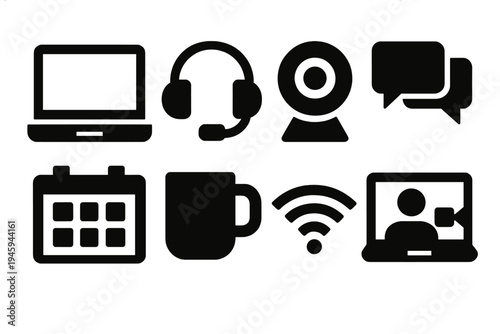 Brutalist Work Icons. Remote Work Tools silhouette set: laptop, headset, webcam, chat bubbles, calendar, coffee mug, wifi icon, video call screen