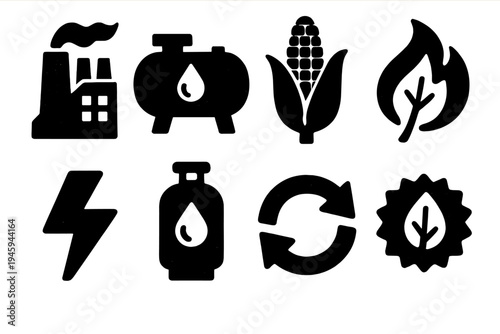 Bold Bioenergy Icons. Renewable Bioenergy Icons silhouette set: biomass plant, biofuel tank, corn stalk, leaf with flame, energy bolt, gas cylinder, recycling arrows, eco badge
