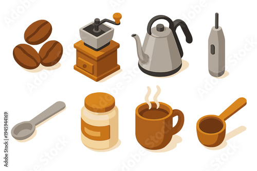Isometric Coffee Icons. Morning Brew Essentials flat icons coffee beans, grinder, kettle, milk frother, spoon, sugar jar, steaming mug, coffee scoop