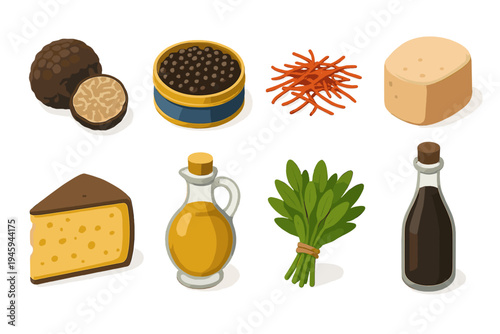 Gourmet Icon Set. Gourmet Ingredients flat icons truffle, caviar tin, saffron threads, foie gras, aged cheese, olive oil bottle, herbs bundle, balsamic glaze