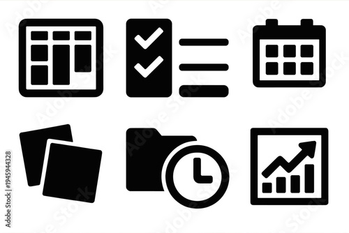 Brutalist Workflow Icons. Workflow Management silhouette set: task board, checklist, progress bar, calendar, sticky notes, folder, clock, chart arrow