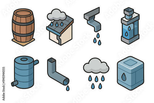 Rainwater Harvesting Icons. Rainwater Harvesting flat icons rain barrel, rooftop collector, downspout, filter system, water tank, collection pipe, cloud with rain, storage icon