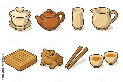 Gongfu Tea Set Icons. Chinese Gongfu Tea flat icons gaiwan, clay teapot, aroma cup, fairness pitcher, tea tray, tea pet, tea tongs, teacup pair