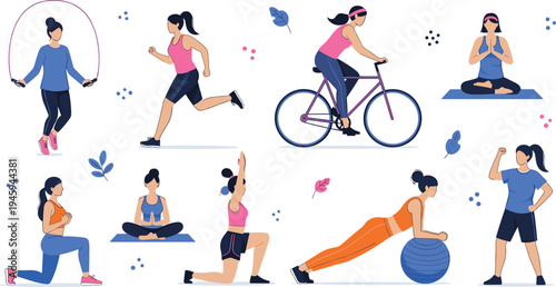 Women Exercising in Various Fitness Activities Including Yoga, Running, and Cycling