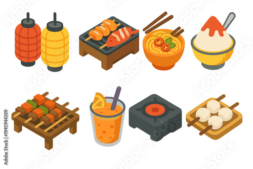Night Market Delights. Market Night Food flat icons lanterns, grilled seafood, spicy noodles, shaved ice, skewer rack, fruit smoothie, portable stove, rice cakes