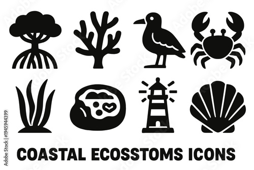 Coastal Icon Set. Coastal Ecosystems silhouette set: mangrove tree, coral branch, seabird, crab, seagrass, tide pool, lighthouse, shell