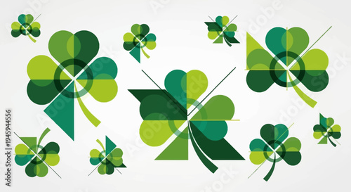 Abstract geometric shamrocks in various shades of green and yellow, arranged in a scattered pattern on a white background.