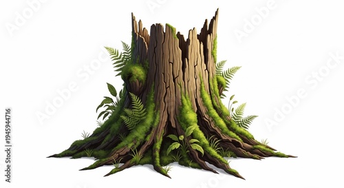 Mossy tree stump with green leaves.