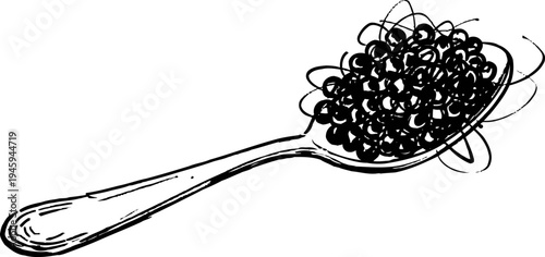 Vintage spoon filled with caviar, detailed hand drawn sketch illustration on white background
