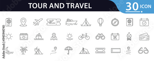 Tour and Travel Linear Style Web Icon Set Featuring Airplane, Location Pin, Tent, Ticket, Map, Suitcase, Passport, Compass and Tourism Symbols for Vacation Planning, Holiday Trips and Tourism Concepts