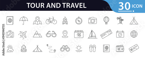 Tour and Travel Linear Style Web Icon Set Featuring Airplane, Location Pin, Tent, Ticket, Map, Suitcase, Passport, Compass and Tourism Symbols for Vacation Planning, Holiday Trips and Tourism Concepts