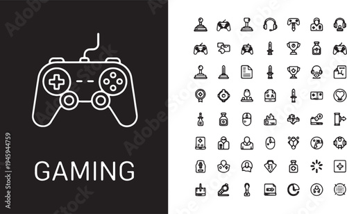 Gaming icons set with controller and various symbols on black and white background