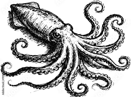 Octopus illustration with detailed tentacles and suction cups in vintage engraved