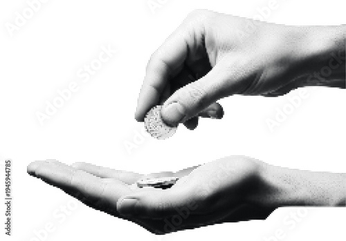 Grains of sand transfer between hands in monochromatic halftone texture