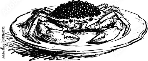 Illustration of cooked crab with roe on a plate, detailed seafood dish sketch in black ink