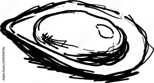 hand drawn sketch of a half avocado with pit, simple black and white illustration of healthy fruit