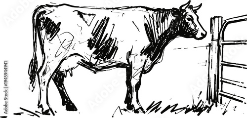 Black and white illustration of a dairy cow standing near a fence in a pasture
