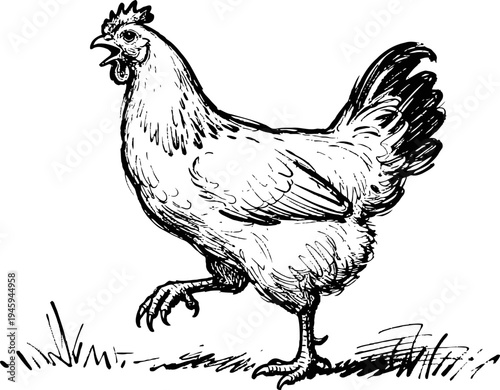 vintage black and white illustration of a walking hen with detailed feathers and grass beneath