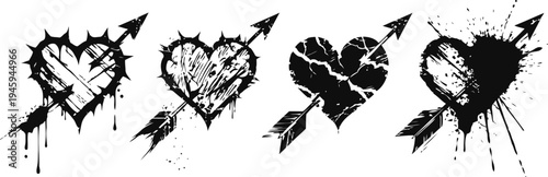 Grunge hearts pierced with arrows set distressed love symbols with splatters and cracks in black