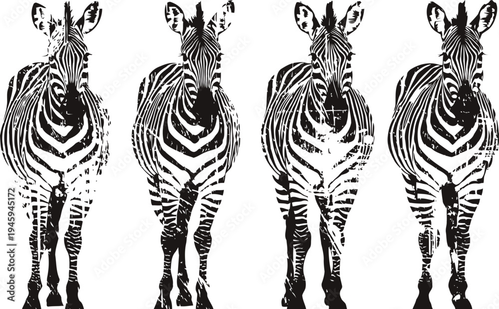 Obraz premium four standing zebras with front view on white background black and white striped wildlife animals