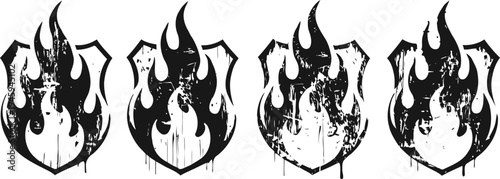 four black flame and shield grunge silhouettes lined up in a row with splatter effects