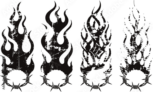 Grunge flaming cat heads with barbed wire abstract distressed fire shape silhouettes, wild animal passion symbolism collection
