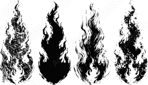 set of four grunge fire flame silhouettes with textured and distressed shapes