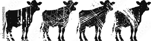 black grunge silhouettes of cows in varying poses with rough textured effects