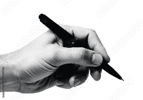 Grayscale hand holding a standard ballpoint pen over textured background