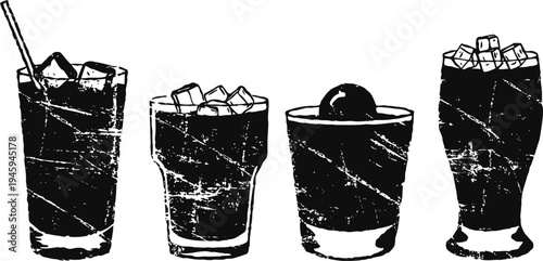 Four classic cocktail glasses filled with ice cubes and garnishes in silhouette