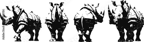 Four artistic black and white rhinoceros silhouettes with varying patterns in modern abstract