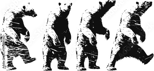 grayscale silhouette sequence of a walking bear in different poses, wildlife movement illustration