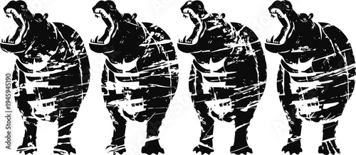 black and white hippopotamus silhouettes in roaring pose, grunge illustration set