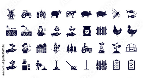 Farm and agriculture icons set, vector symbols for rural and countryside concepts