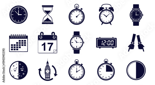 Time and date icons set, clock, watch, calendar, schedule, flat design symbols