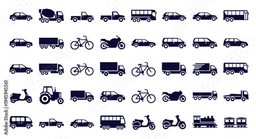 Transportation icons set including cars, trucks, buses, bicycles, motorcycles, tractors, vehicles for logistics and travel