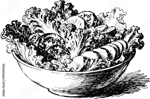 Bowl of fresh mixed salad leaves and sliced vegetables healthy natural vegan food illustration